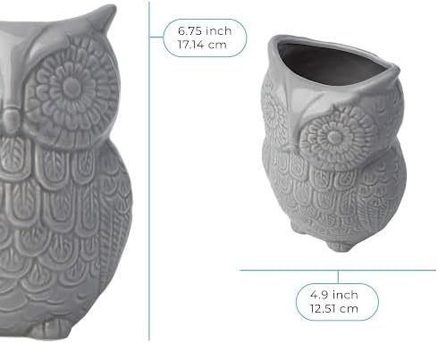 Owl Utensil Holder Decorative Ceramic Cookware Crock & Organizer, in Lovely Grey Color - Utensil Caddy and Perfect Kitchen Ceramic Decor Gift - 5" L x 7" H x 4" W