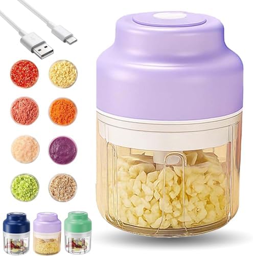 Electric Garlic Chopper, Mini Portable Veggie Cutter with 4/6 Stainless Steel Blades, Portable Wireless Rechargeable Mini Electric Garlic Food Chopper for Garlic, Onion, Chili, Nuts (Purple,320ML)