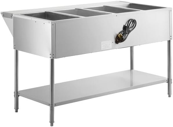 STE-4SA Four Pan Electric Steam Table, 120V 2000W, Stainless Steel, 57x30x34 Inches, Open Well with Undershelf, Commercial Food Warmer