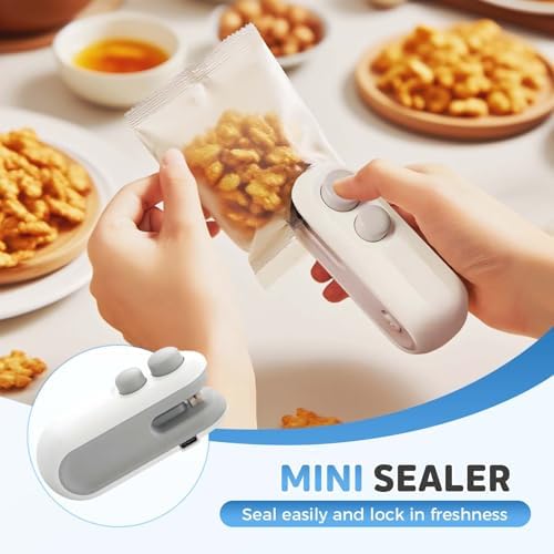 2-in-1 Mini Bag Sealer with Cutter & Magnet, Rechargeable Portable Resealer for Snack & Food Storage, Handheld Heat Seal Machine, 2pcs White Chips Sealing Device