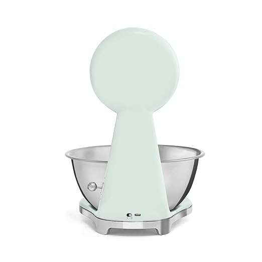 SMEG Retro-Style Analog & Digital Kitchen Scale, 11 lb Capacity, Rechargeable Battery, Backlit LCD Display, Stainless Steel Bowl (Pastel Green)