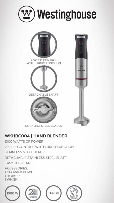 220 Volt Hand Blender 1000W - 3 in 1 Hand blender includes blending shaft, 500 ml chopper bowl, 700 ml beaker and whisk-220V 240V (Not For Use In USA)