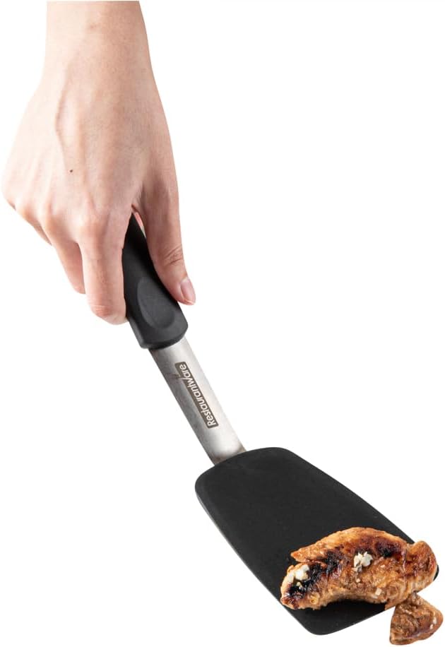 Restaurantware Comfy Grip Silicone Turner 1 Durable Cooking Turner - Stainless Steel Body Rubber Handle With Hole Black Silicone Flipper Spatula Tolerates Up To 446F Dishwashable