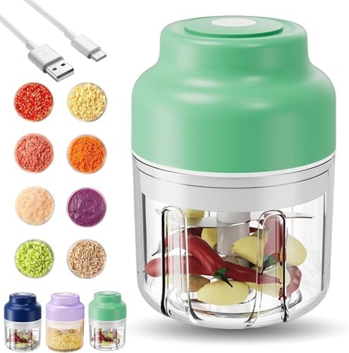 Electric Garlic Chopper, Mini Portable Veggie Cutter with 4/6 Stainless Steel Blades, Portable Wireless Rechargeable Mini Electric Garlic Food Chopper for Garlic, Onion, Chili, Nuts (Green,250ML)