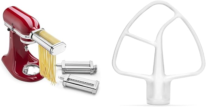 KitchenAid KSMPRA Stand Mixer Attachment Pasta Roller & Cutter, 3-Piece Set, Stainless Steel & K45B Coated Flat Beater, White, 4.5 Qt