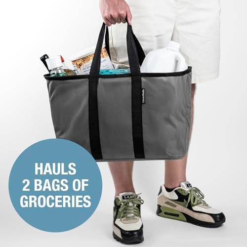 CleverMade EcoBasket Reusable Grocery Tote - 30L - Pack of 1 - Gray Black - Collapsible Storage Shopping Organizer - Heavy Duty Utility Bag Home
