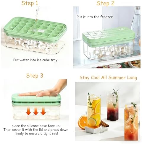 Mini Press-Type Ice Maker for Freezer + Silicone Ice Cube Trays with Lid and Bin