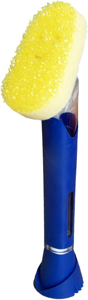 Scrub Daddy Dish Wand Scrubbing Brush with Handle, Soap Dispensing Dish Brushes, Texture Changing Washing Up Sponges With Liquid Dispenser, Scrubber with Scraper & Detachable Head Sponge, Blue