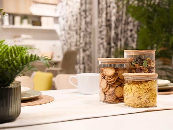 SHOWIN Glass Food Storage Jars Square 24oz, 4 Pack Glass Jars With Bamboo Lids, Kitchen Storage Containers For Spice, Candy, Cookie, Storage For Pantry Organizers
