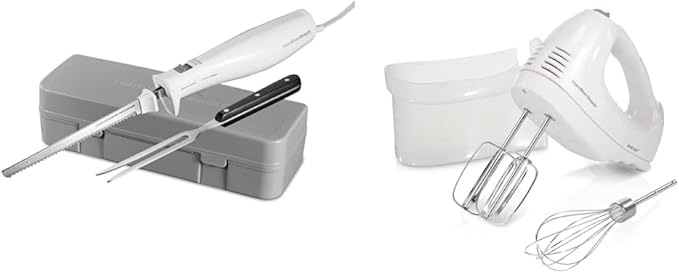 Hamilton Beach Electric Knife, White & 6-Speed Electric Hand Mixer with Whisk, Traditional Beaters, Snap-On Storage Case, White
