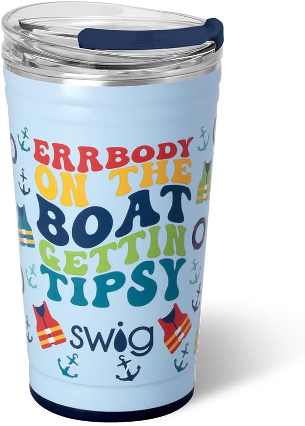 Swig Life 24oz Party Cup, Stackable Insulated Travel Coffee Tumbler with EZ Slider Lid, Cup Holder Friendly, Stainless Steel 24 oz Tumbler, Reusable Coffee Mug (Errbody Boat)