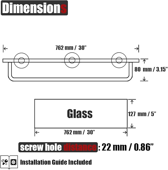 JQK Bathroom Glass Shelf, Shelf with 29 Inch Towel Bar Tempered Glass Shower Storage 30 by 5 inches, 304 Stainless Steel Brushed Finish Wall Mount, TGS100L30-BN