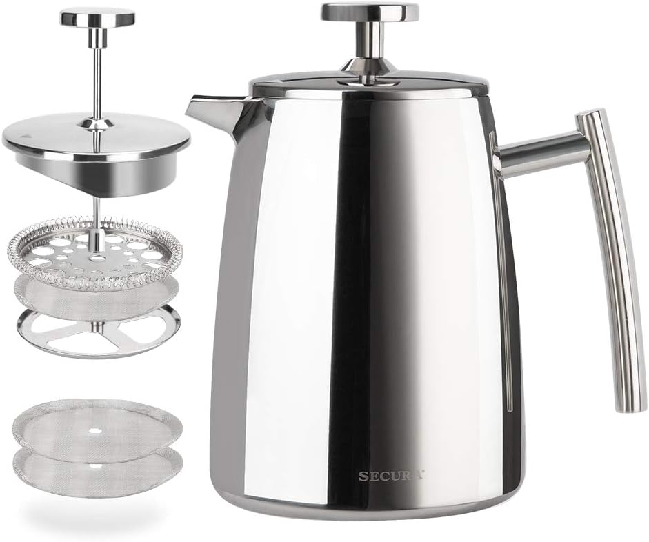 Secura French Press Coffee Maker, 17-Ounce, 304 Stainless Steel Insulated Coffee Press with Extra Screen