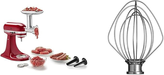 KitchenAid KSMMGA Metal Food Grinder Attachment, Silver & 6-Wire Whip for 3.5 Quart Tilt Head Stand Mixers, Metallic