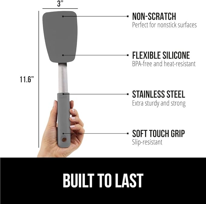 GORILLA GRIP Patented BPA-Free Non-Scratch Spatula, 2 Pack, Heat Resistant Flexible Silicone Head for Nonstick Cooking Pans, Soft Rubber Handle, Kitchen Spatulas for Flipping Eggs, Pancakes, Gray