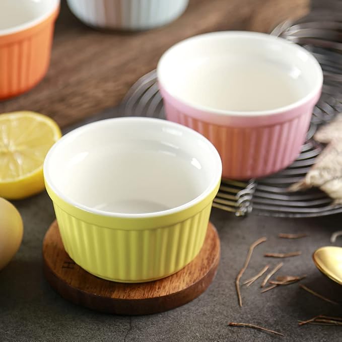 Ramekins 6oz Oven Safe,Creme Brulee Ramekin and Souffle Dishes,Porcelain Baking Bowls,Dipping Sauce Dish.Pudding Cups,Set of 6,Yellow.