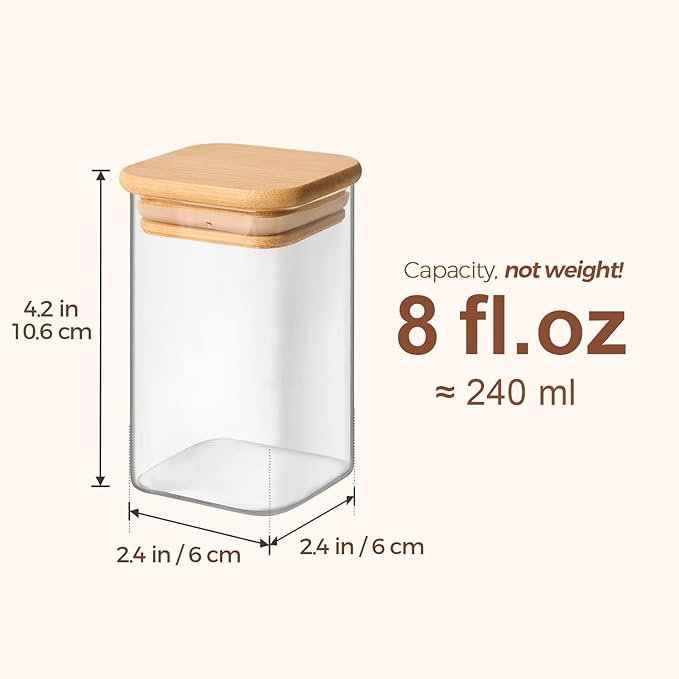 ComSaf 12Pcs Spice Jars with Labels, Glass Jar with Bamboo Lid, 8oz Airtight Square Containers with Black Lables, Empty Seasoning Jars for Spice, Salt, Pepper, Sugar