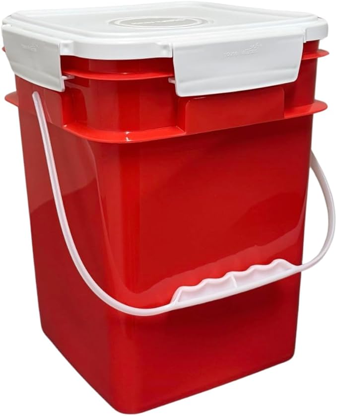 House Naturals 4 Gallon Square Food Grade Bucket Pail with Plastic Handles and Lid (Pack of 3) Made in USA containers (RED-White Lids)