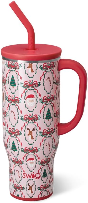 Swig Life 30oz Mega Mug, 30oz Tumbler with Handle and Straw, Large Insulated Tumblers, Cup Holder Friendly Travel Mug, Stainless Steel 30 oz Tumbler, Reusable Insulated Water Bottle (Christmas Cameos)