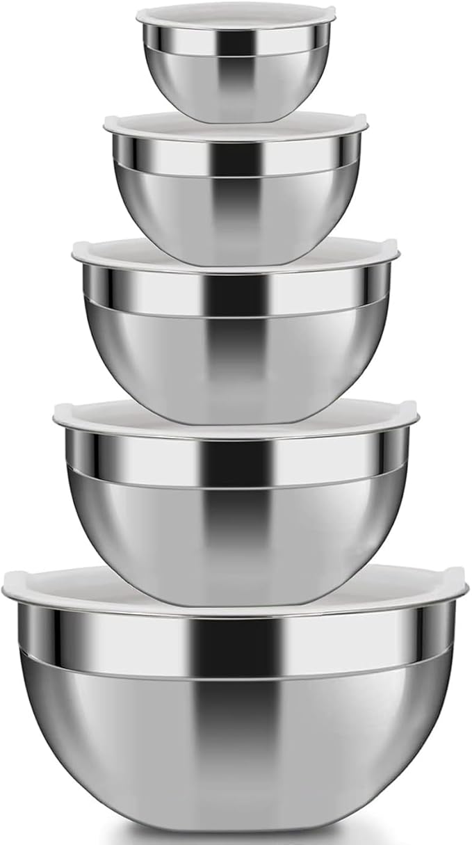 Mixing Bowls, 5Pcs Stainless Steel Mixing Bowl Set, Utensils for the Kitchen, Multifunctional, Stackable, Dishwasher Safe, 3.75L / 3.25L / 2.5L / 2L / 1.3L (With lid)