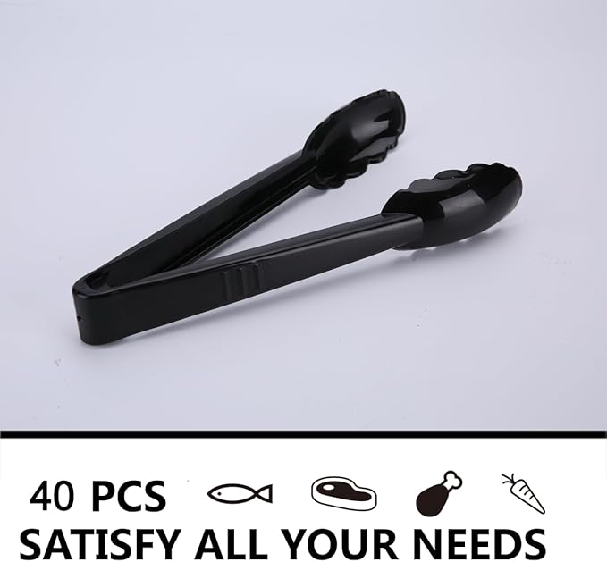 40 Pieces Plastic Salad Tongs, Black Kitchen Serving Tongs, 9 Inch Disposable Utensils Set, Heavy Duty Scalloped, Perfect for Buffets and BBQ, Food Safe Material