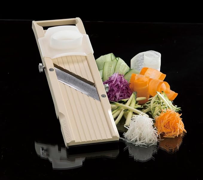 Benriner Mandoline Slicer with 4 Blades, Japanese Stainless Steel, BPA Free, 12.75 x 3.625-Inches, Beige