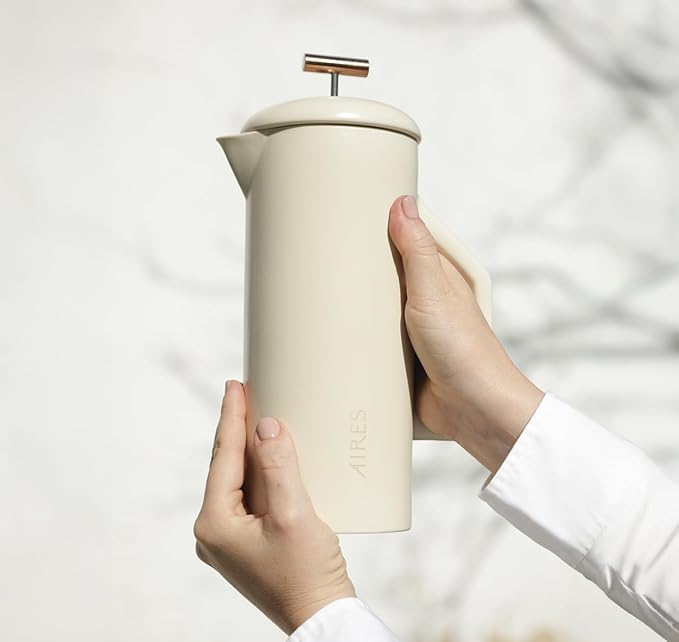 AIRES Ceramic French Press Coffee Maker – 34 oz Heat-Retaining Stoneware – Elegant Neutral Color – Inspired by Buenos Aires Coffee Culture – Gift-Ready with Barista Brewing Guide