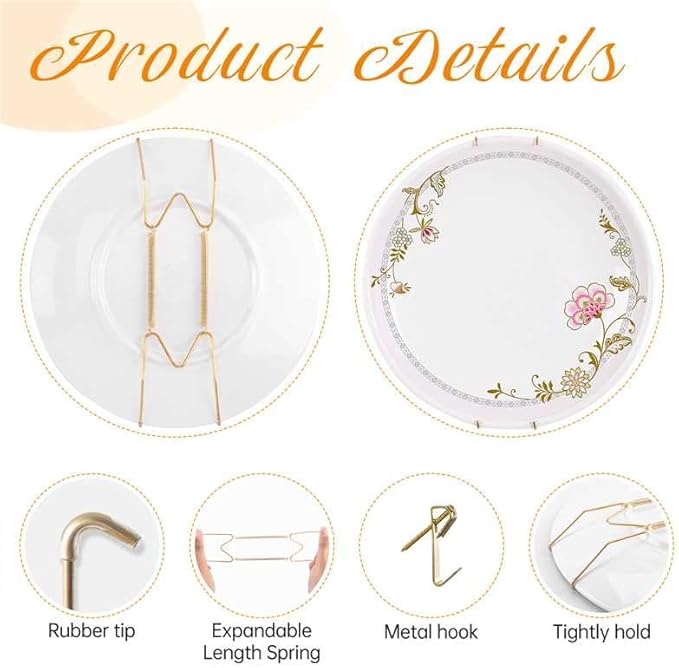 Bilillo 12 Pieces Invisible Wall Plate Hangers 4/6/8 Inches Wall Plate Hangers Stainless Steel Decorative with 12 Pieces Hook with Nails Suitable for 4-10 inch Decorative Antique and Arts(Gold)