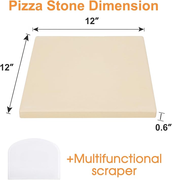 Salomayes 12x12 Inch Cordierite Pizza Stone for RV Oven and Grill, Square Baking Stone, Perfect for Pizza, Bread, Pie, BBQ, Durable and Safe, with Plastic Scraper