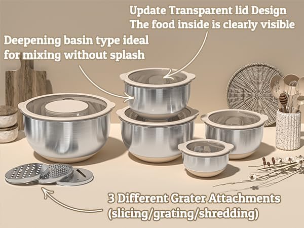 Mixing Bowles Set with Lids Set - Warp-Proof TPR-AS Lids, Stainless Steel Mixing Bowl with 3 Graters & Measuring Lines, Non-Slip Bowls for Baking, Prep, Airtight Food Storage (Khaki 5/3/2/1.5/0.63QT)
