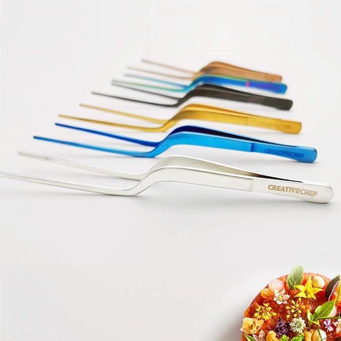 CREATIVECHEF 8 Inch Kitchen Tweezer, Stainless Steel Food Tongs, Kitchen Fine Tweezer, Fine tweezer tongs for food presentation (colorful)