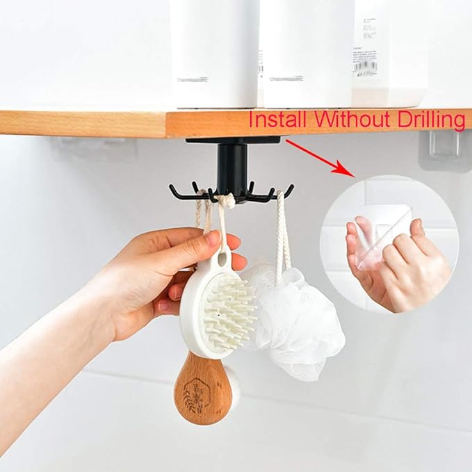 2pcs Under Cabinet Kitchen Utensil Hooks,360° Rotating Drilling Free Adhesive Utensils Hanging Rack for Tools/Towel/Knife (Black)