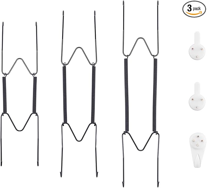Bilillo 3-Piece Stainless Steel Wall Plate Hangers, 10/12/14 Inch Invisible Decorative Wire Plate Holders with 3 Pieces Wall Hooks for 8 to 16 Inch (Black)