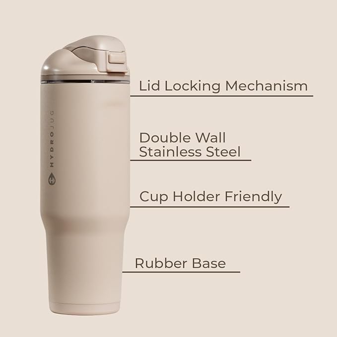 HydroJug Ease2o Water Bottle with Straw & Chug Lid, Stainless Steel, Vented Cap to Help Reduce Pressure, Water-Level Window, Cup Holder Friendly, Non-Slip Base – 32oz, Dune