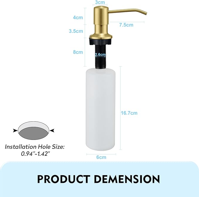 CREA Light Gold Soap Dispenser for Kitchen Sink, Stainless Steel Built-in Sink Soap Dispenser Pump with 17 oz in-Counter Bottle and 39" Extension Tube for Under Sink, Brushed Finish