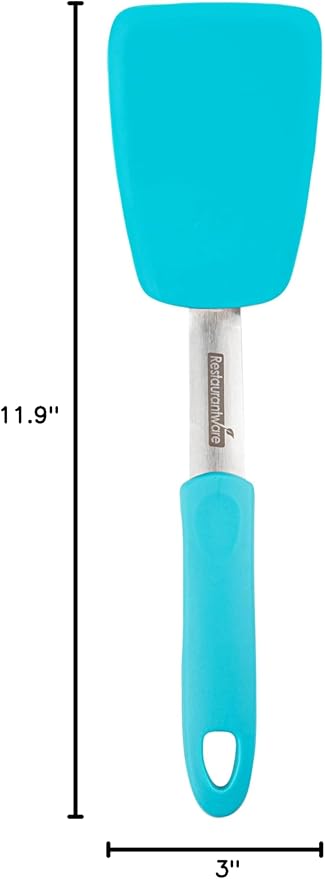 Comfy Grip 12 x 3 Inch Silicone Turner,1 Durable Cooking Turner - Stainless Steel Body,Rubber Handle With Hole, Turquoise Silicone Flipper Spatula, Tolerates Up To 446F,Dishwashable -Restaurantware