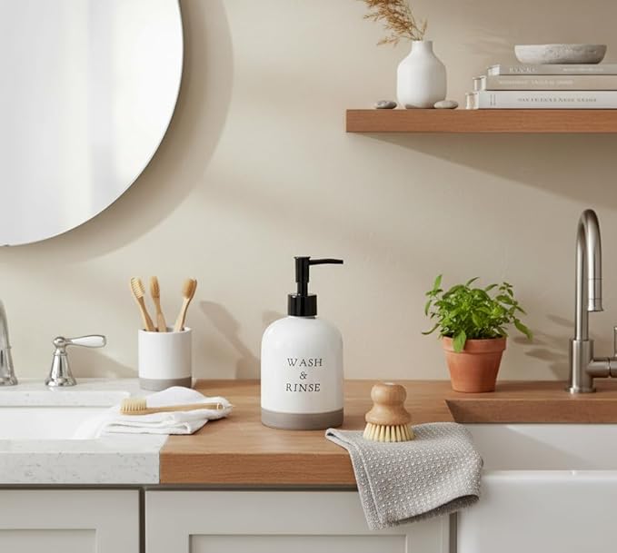 Young's Inc Farmhouse Soap Dispenser, Decorative Dish and Hand Soap Dispenser for Country Bathroom and Kitchen Counter, White, 7 Inches