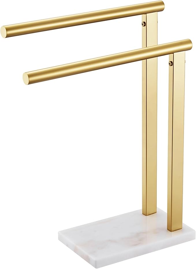 KOKOSIRI Hand Towel Rack Standing Towel Rails 2-Tier with Marble Base for Bathroom Vanity Countertop, Brushed Gold Stainless Steel 15.7'' Height THS0007-BG