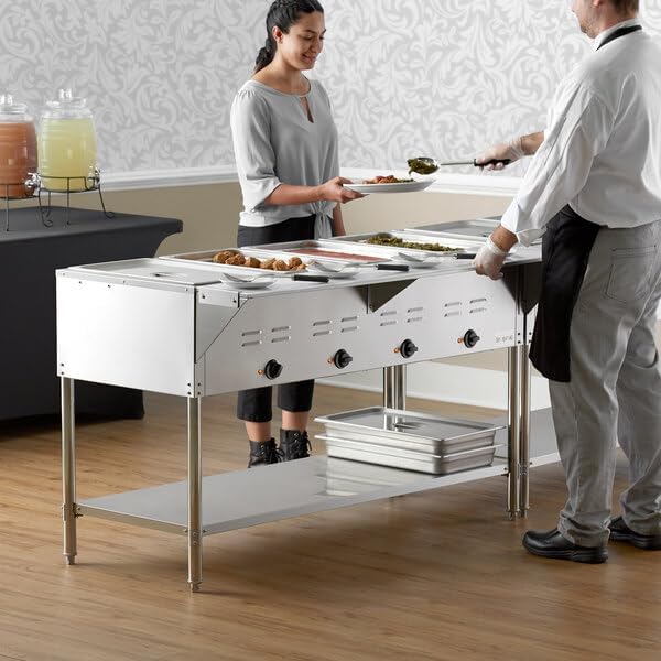 STE-4SA Four Pan Electric Steam Table, 120V 2000W, Stainless Steel, 57x30x34 Inches, Open Well with Undershelf, Commercial Food Warmer