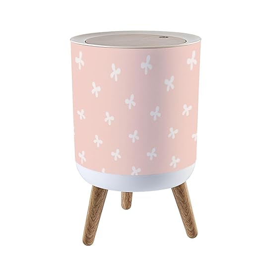 Trash Can with Lid White Bows Pink Repeat Seamless Press Top Round Small Garbage Bin with Wooden Legs Waste Basket for Kitchen Bedroom Nursery 7L/1.8 Gallon