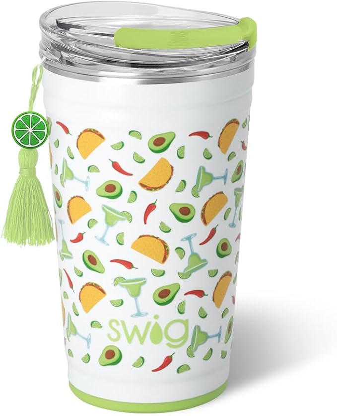 Swig Life 24oz Party Cup, Stackable Insulated Travel Coffee Tumbler with EZ Slider Lid, Cup Holder Friendly Travel, Stainless Steel 24 oz Tumbler, Reusable Mug (Taco Night)