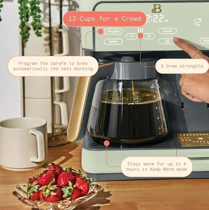 Beauti Multi Brew 12 Cup Programmable Drip & Single Serve Coffee Maker, Versatile Brewing (6oz, 8oz, 10oz, 12oz, 14oz), Pods or Ground, Over Ice option, Keep Warm mode (Sage Green)
