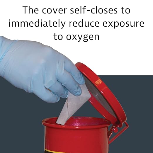 Justrite 0.45 Gallon Galvanized Steel Mini Countertop Oily Waste Can, 6.5" x 4.6" Metal Oil Rag Safety Can with Quiet Hand Operated Self-Closing Lid for Oily Rag Disposal, Made in The USA, Red, 09410