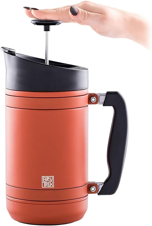BaseCamp Coffee Press - Double Wall Insulated Stainless Steel - Bru-Stop Technology, No Grounds in Coffee, No Spill Lid (Red Rock, 32 fl.oz)