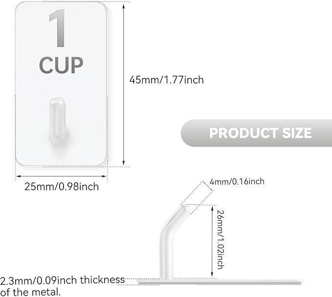 Measuring Cup and Spoon Organizer, 12 Pack Adhesive White Stainless Steel Hooks for Hanging with 6 Kitchen Conversion Chart Stickers, Kitchen Hooks for Space Saving Storage