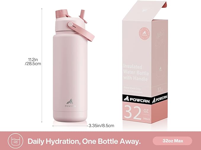 POWCAN 32 oz Insulated Water Bottle with 2-in-1 Straw and Spout Lid, Keep Cold 24H, Leak-Proof, BPA-Free, Double Wall Stainless Steel Water Bottle for Sports, Gym, Travel and School (Ombra Butterfly)