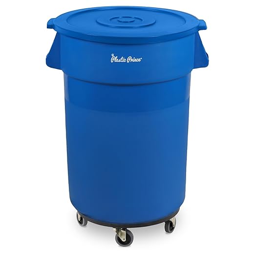 PLASTIC PRINCE 44 Gallon Round Trash Can with Lid and Dolly Blue Plastic Commercial Garbage Container for Home Garage Restaurants Warehouses - Bundle