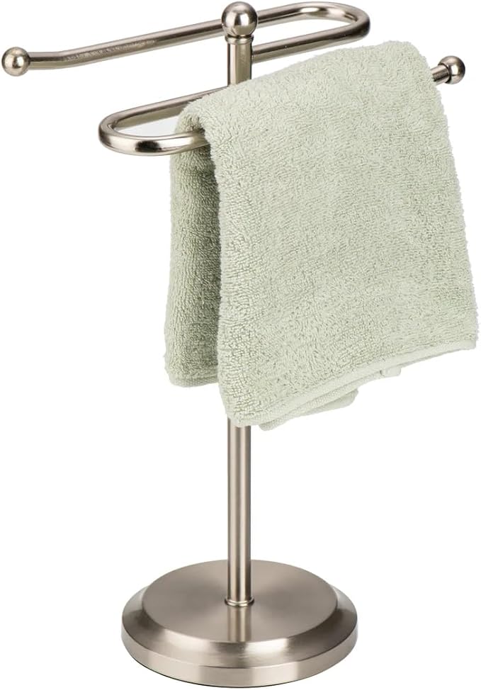 J&V TEXTILES Classical Steel Towel Rack Holder Stand with 2 Hanging Rings for Bathroom Vanity Countertops - Space Saving Hand Towel Holder (Brushed Satin Nickel)