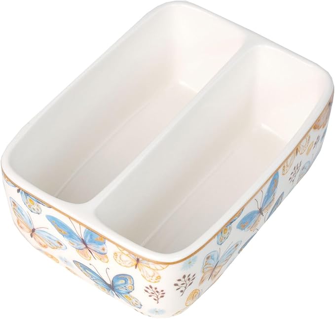 2 Compartments Ceramic Sponge Holder for Kitchen Sink, Cute Floral Pattern Countertop Dish Sponges Holder Soap Sink Organizer Caddy Farmhouse Home Kitchen Decor Butterfly