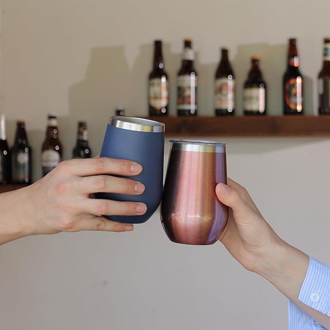 MEWAY Stemless 12oz Insulated Wine Tumbler with Lid and Straw - Double Wall Stainless Steel Thermal Cup for Hot and Cold Drinks, Bridal Shower Prizes for winners(Rose Gold,1)